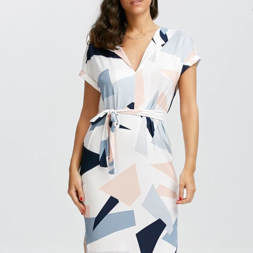 Geometric Print Short Sleeve Midi Dress